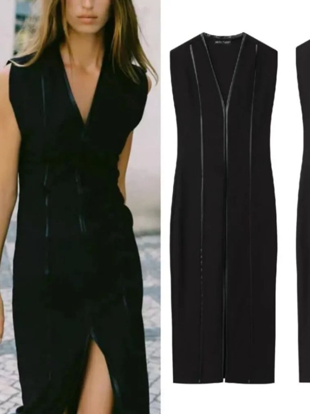 Zara NWT black faux leather combination midi dress
